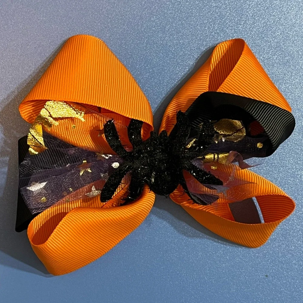 🕷️ NEW Creepy Spider Halloween Hair Bow – Orange & Black